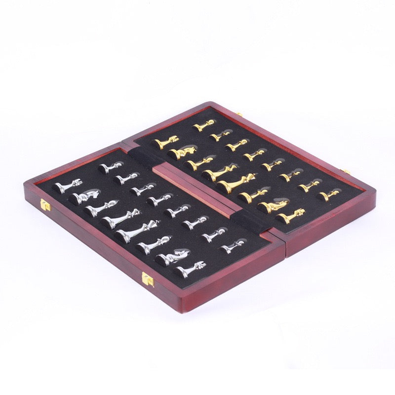 Wooden Chess Board 35cm with Metal Pieces