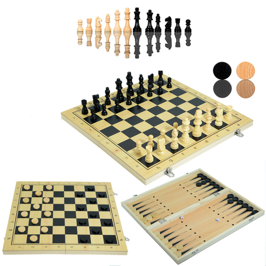 3in1 Chess Checker and Backgammon Non-Magnet  Wooden Pieces 24cm