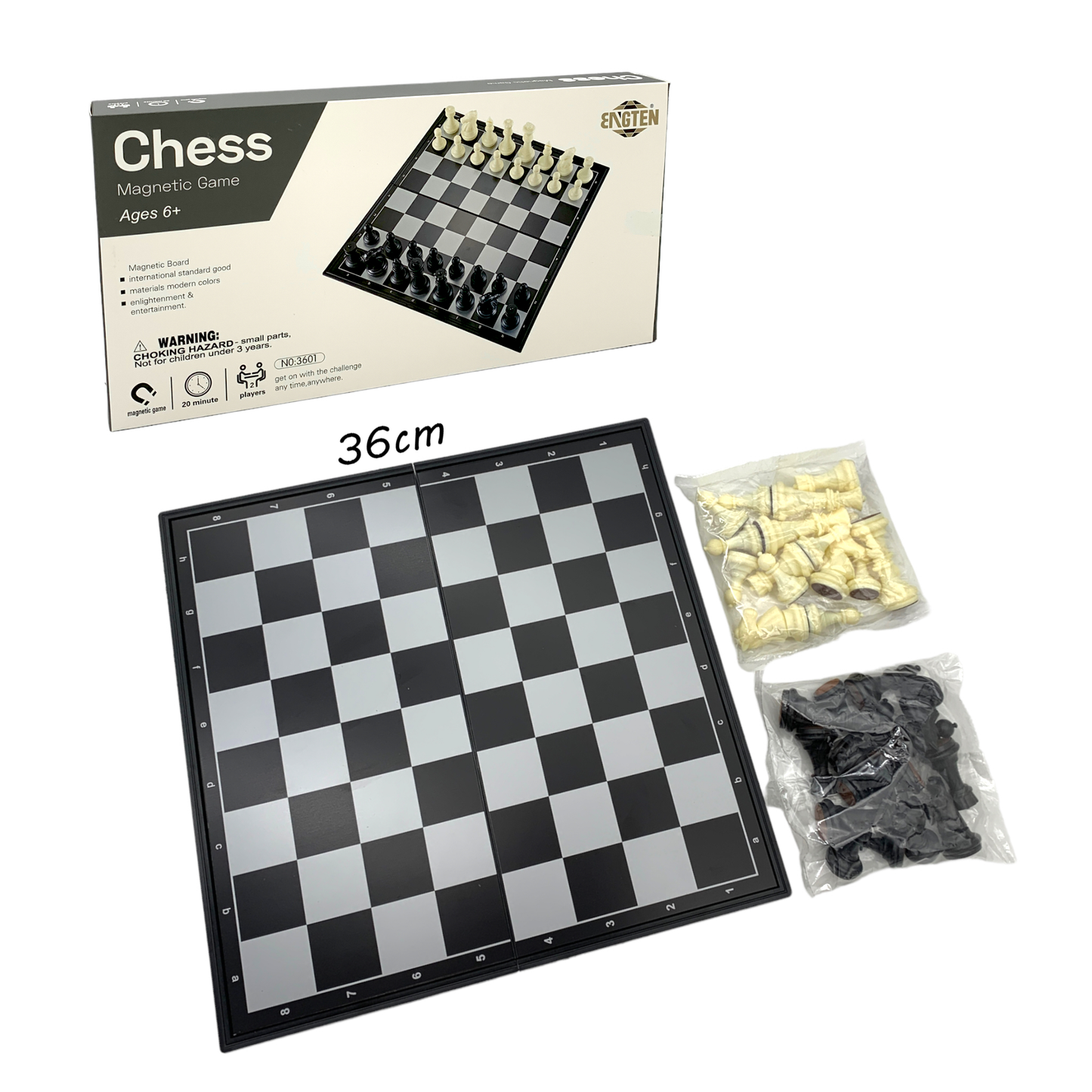 36cm, 32cm and 25cm chess set plastic board and pieces with magnet